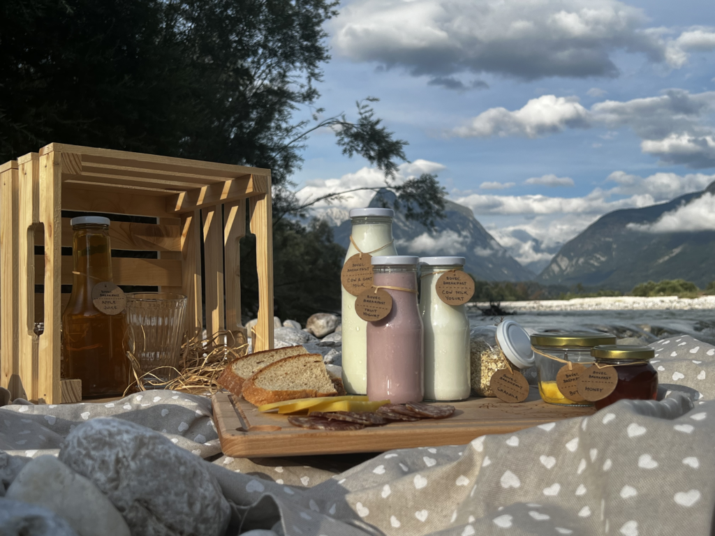 Bovec breakfast ingredients: milk, yougurt, apple juice, butter, honey, salamy, and local Bovec cheese